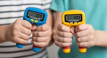 Primer plano de dos manos infantiles sosteniendo y apretando dinamómetros digitales de colores, uno azul y uno amarillo, contra un fondo desenfocado.