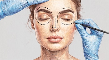 Ilustración de un rostro con los ojos cerrados, líneas punteadas para cirugía estética. Dos manos con guantes azules y un lápiz.