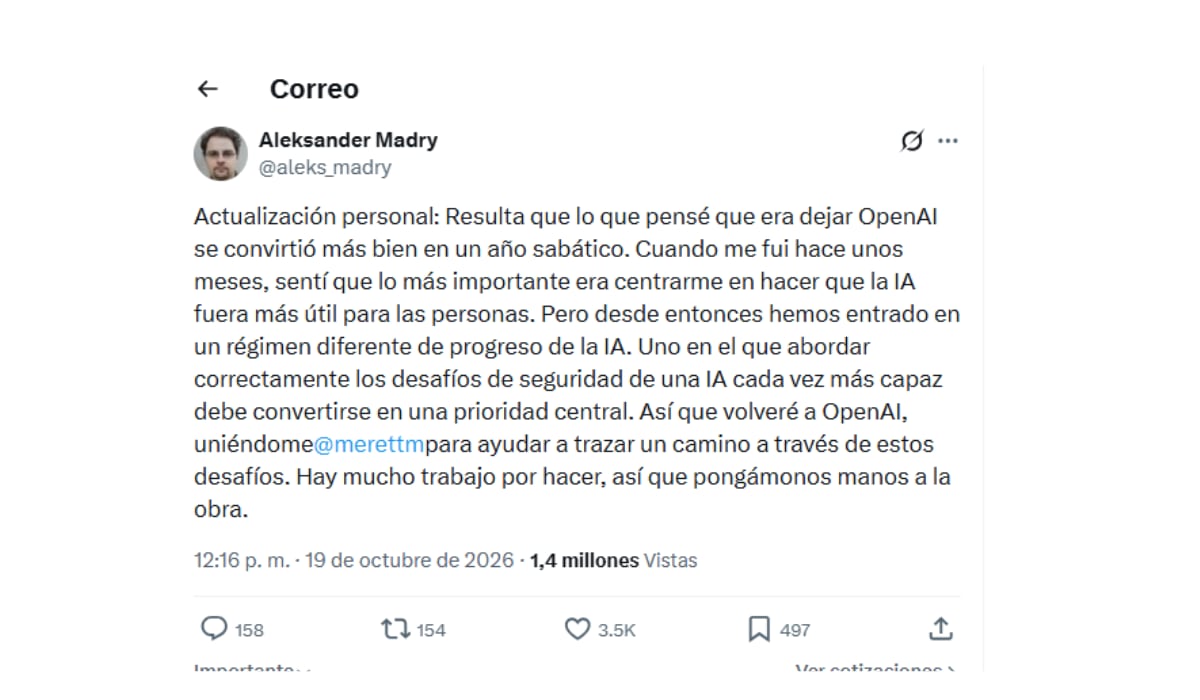 Aleksander Madry anunció su regreso en X y calificó su salida como una temporada sabática. (X)