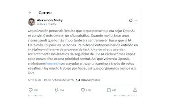 Captura de pantalla de un mensaje en redes sociales publicado por Aleksander Madry sobre su regreso a OpenAI, con texto y métricas de interacción