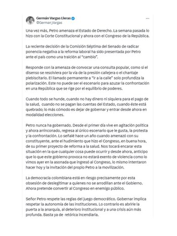 En su publicación, el exvicepresidente