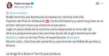 Pablo Arraya fala sobre a derrota de Ignacio Buse para Tomás Etcheverry.