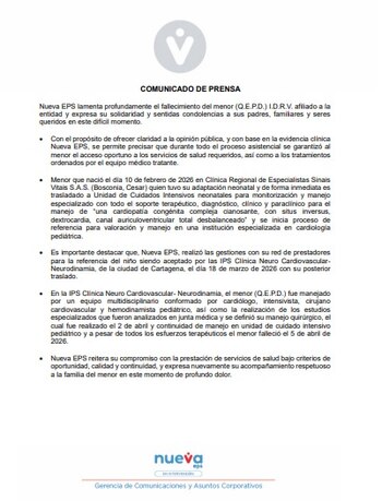 Este fueron las palabras de la Nueva EPS tras la muerte del recién nacido en una clínica en Cartagena - crédito Nueva EPS