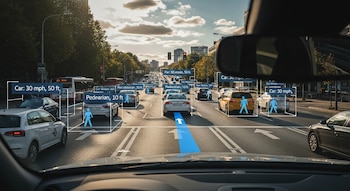 Vista frontal desde un carro autónomo en una calle urbana. Se observan vehículos, peatones y autobuses marcados con datos digitales de velocidad y distancia.