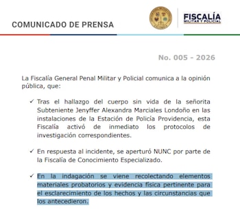 La Fiscalía Especializada designada por la Justicia Penal Militar avanza en la recopilación de pruebas forenses y testimonios clave en Providencia - crédito X
