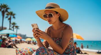 Familia en la playa sin dispositivos, disfrutando de un momento de desconexión digital durante las vacaciones