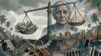 Una balanza con dinero en un platillo y documentos en el otro, el rostro de una anciana, lápidas y palmeras, engranajes y edificios en la parte inferior.