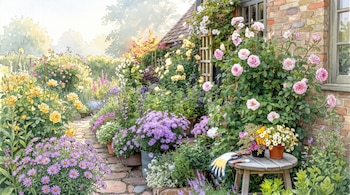 Casa de ladrillo con ventanas, jardín con rosas rosadas y amarillas, otras flores moradas y blancas, camino de piedra, mesa de madera, guantes de jardinería, herramientas, macetas.