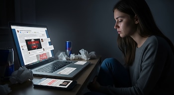 Mujer joven de perfil llorando, sentada frente a un portátil y un teléfono móvil. Las pantallas muestran textos "STOP HAST" y "HATE DANE". Hay dos latas y pañuelos arrugados.