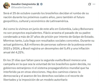 Duvalier Sánchez, senador, anotó que las elecciones en Brasil definirán el futuro geopolítico, cultural y económico de Latinoamérica @DuvalierSanchez/X