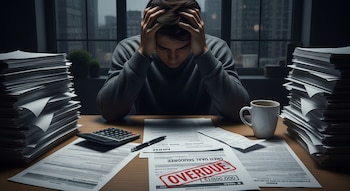 Hombre con suéter gris en un escritorio lleno de papeles, un documento con sello 'OVERDUE'. Manos en la cabeza, mostrando estrés. Ventana lluviosa de fondo