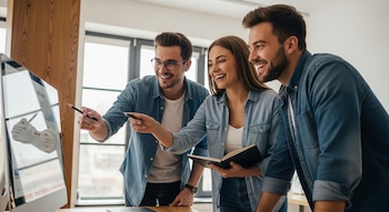 Primer plano de tres jóvenes profesionales (dos hombres, una mujer) de pie en una oficina moderna y luminosa, mirando una pantalla de computadora con gráficos y sonriendo.