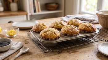 Seis muffins con glaseado en un molde metálico, junto a tazones con ralladura de limón y semillas sobre una mesa de madera.