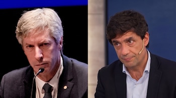 Imagen dividida con un hombre de cabello canoso a la izquierda y un hombre de cabello oscuro a la derecha, ambos con saco.