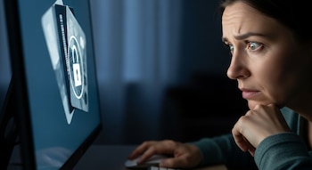 Mujer de perfil mira una pantalla de computadora con imagen de tarjeta de crédito y candado abierto. Su mano está en un ratón de computadora.