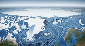 Ilustración aérea de Groenlandia mostrando la capa de hielo, grandes bloques de hielo cayendo al mar y patrones de corrientes oceánicas arremolinadas.