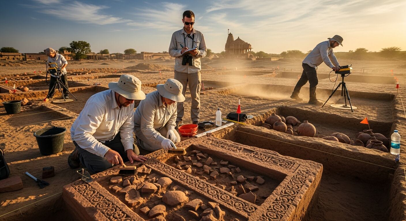 Arqueólogos trabajan meticulosamente en una excavación en India, desenterrando artefactos y estructuras antiguas bajo el sol poniente, con un templo histórico de fondo (Imagen Ilustrativa Infobae)