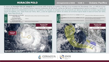 Infografía con texto informativo, imagen satelital del huracán Polo y un mapa con la proyección de su trayectoria sobre las costas de México