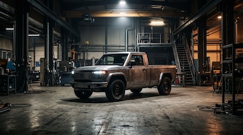Camioneta utilitaria gris de acabado metálico en el interior de un taller industrial con estructuras de acero y suelo de concreto.