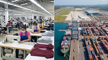 Trabajadoras en una fábrica de confección con máquinas de coser y prendas apiladas, junto a una vista aérea de un puerto con contenedores y un aeropuerto con un avión.