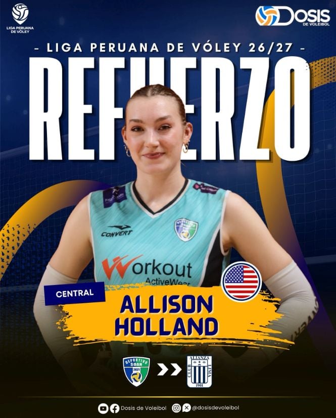 Alianza Lima apuesta por Allison Holland como pieza central en su renovación, buscando sostener el nivel tras el tricampeonato con una jugadora de impacto en la red. (X / @dosisdevoley)