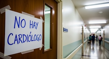 Un letrero blanco con el texto azul "NO HAY CARDIÓLOGO" está pegado con cinta adhesiva a una puerta de madera. Se observa un pasillo de hospital con personas.