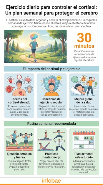 Infografía sobre un plan semanal de ejercicio para controlar el cortisol y proteger el cerebro, con ilustraciones de personas activas y un calendario.