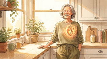 Ilustración de una mujer de mediana edad sonriente con cabello gris, parada en una cocina soleada. En su pecho, un corazón anatómicamente ilustrado brilla suavemente.