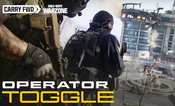 Dos soldados armados frente a un edificio con fuego en el techo y un texto que dice Operator Toggle junto al logotipo del juego