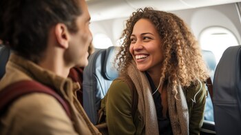 Pasajeros en un avión riendo y disfrutando del momento. La imagen captura una escena de alegría y camaradería, posiblemente en respuesta a una interacción humorística o agradable durante el vuelo.(Imagen ilustrativa Infobae)