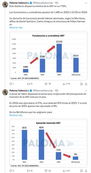 La senadora denunció que la ejecución ha caído drásticamente - crédito @PalomaValenciaL/x