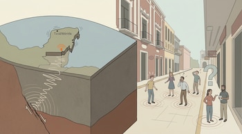 Ilustración de un corte geológico de la península de Yucatán con ondas sísmicas emanando de una falla. A la derecha, personas confusas en una calle.