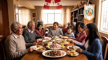 Seis personas de una familia comparten una mesa con varios platos de comida, incluyendo ceviche y lomo saltado, y banderas peruanas decoran el fondo.