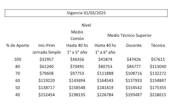 Cuotas de marzo en colegios privados de CABA según porcentaje de subvención estatal