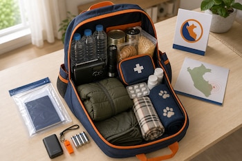 Mochila abierta con agua, botiquín, alimentos y ropa, junto a un silbato, baterías, documentos y un mapa impreso sobre una mesa de madera.