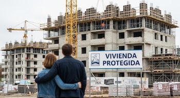 Vista trasera de una pareja observando un cartel de vivienda protegida, grúas y varios edificios residenciales en construcción con albañiles.
