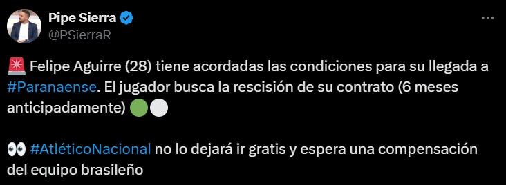 Juan Felipe Aguirre sería la segunda baja de Atlético Nacional con destino al Athletico Paranaense - crédito @PSierraR/X