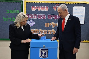 October 27, 2026, Jerusalem, Israel: Israeli Prime Minister BENJAMIN NETANYAHU and wife SARA NETANYAHU cast their votes at a polling station in Jerusalem as Netanyahu trails in recent opinion polls. This election is the first challenging the leadership of the PM since the Oct. 7 massacre.,Image: 1146962753, License: Rights-managed, Restrictions: , Model Release: no , Credit line: Haim Zach/Israel Gpo / Zuma Press / Europa Press