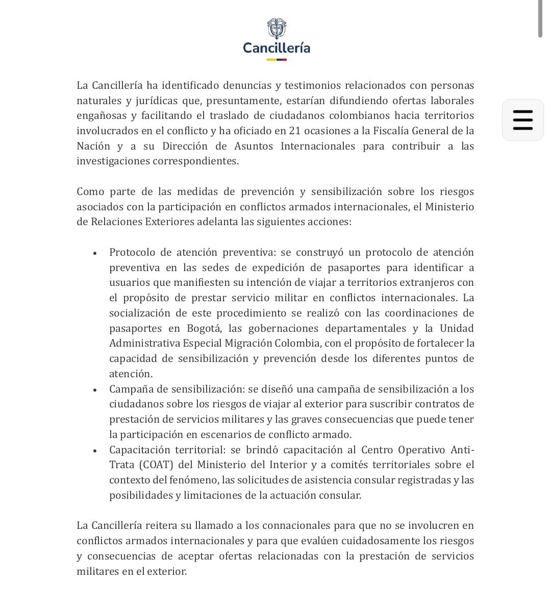 El Ministerio de Relaciones Exteriores sostuvo que Colombia “no apoya, incentiva ni autoriza” la participación de sus ciudadanos en conflictos armados internacionales - crédito Cancilleria