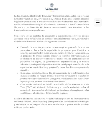 El Ministerio de Relaciones Exteriores sostuvo que Colombia “no apoya, incentiva ni autoriza” la participación de sus ciudadanos en conflictos armados internacionales - crédito Cancilleria