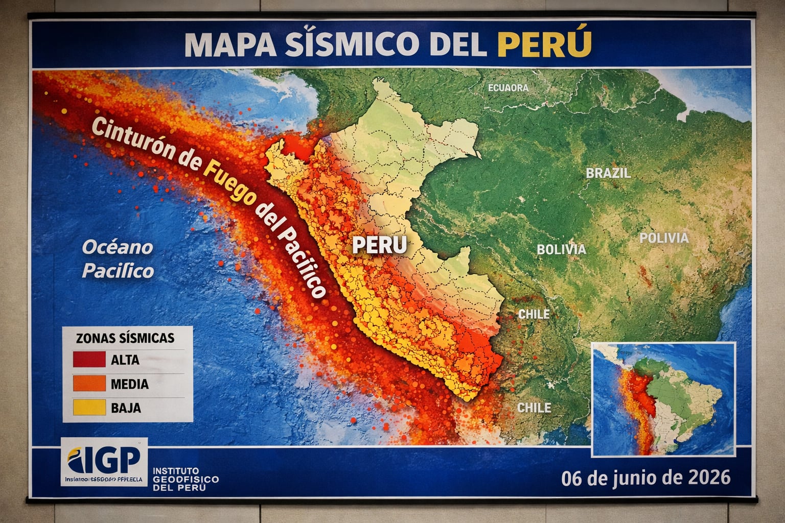 Fotografía documental de un mapa sísmico del Perú emitido por el Instituto Geofísico del Perú (IGP), destacando las zonas de riesgo y su ubicación en el Cinturón de Fuego del Pacífico, 06 de junio de 2026. (Imagen Ilustrativa Infobae)