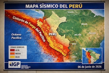 Un gran mapa del Perú detallando las zonas sísmicas de alta, media y baja intensidad, el Cinturón de Fuego del Pacífico y el logo del IGP, fechado 06 de junio de 2026.