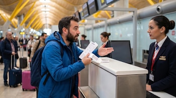 Un hombre barbudo con chaqueta azul interactúa con una agente de aerolínea uniformada en un mostrador de check-in en un aeropuerto concurrido.