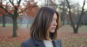 Primer plano lateral de una mujer joven con cabello bob castaño oscuro y reflejos rubios claros, con un suéter crema y abrigo gris, en un parque otoñal.