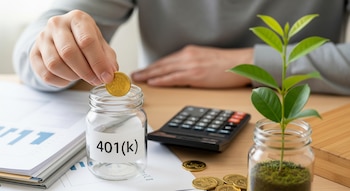 Una mano coloca una moneda dorada en un frasco de vidrio etiquetado 401(k) sobre un escritorio, junto a papeles, una calculadora y una planta en otro frasco.