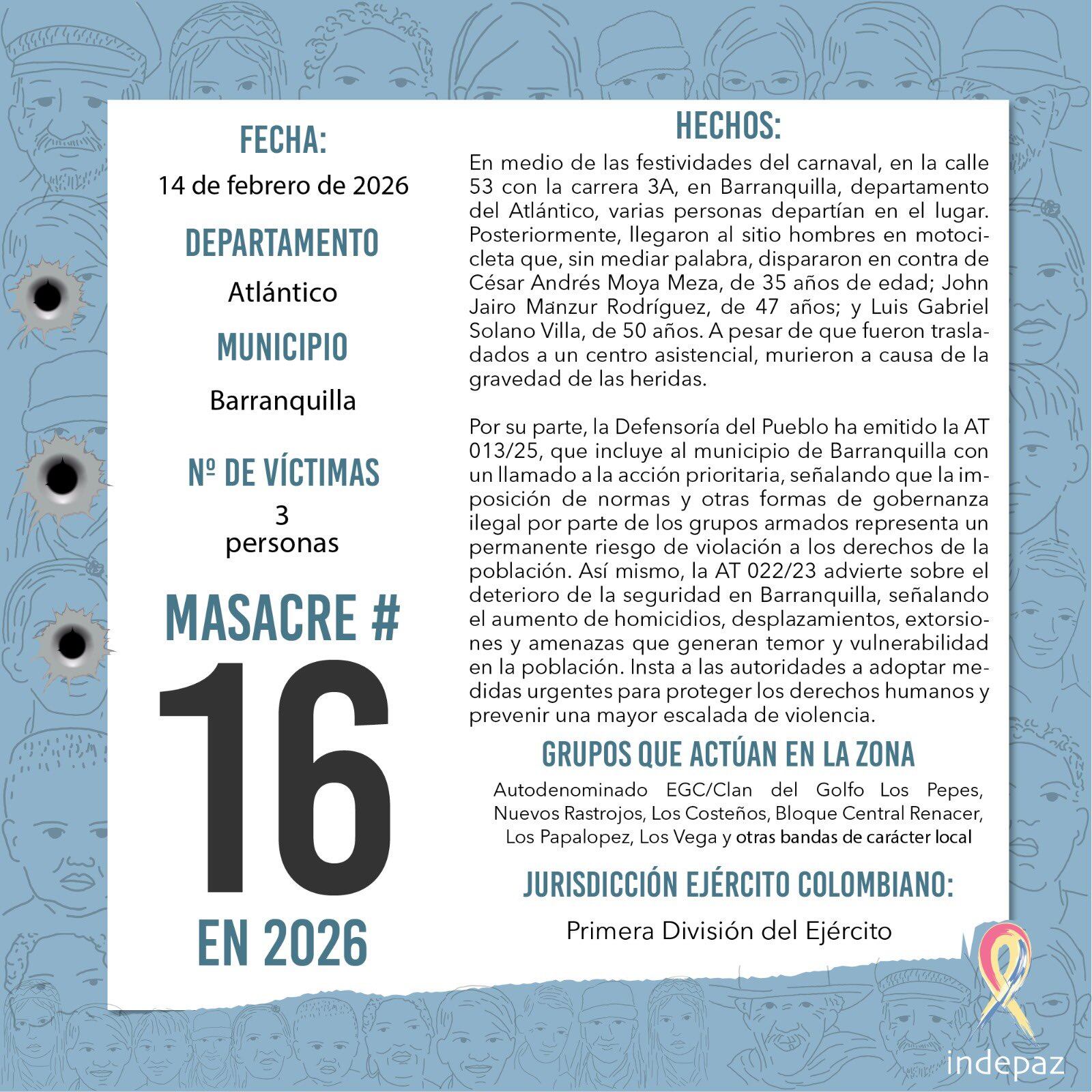 Violencia en Barranquilla: asesinato de tres personas en las celebraciones carnavaleras - crédito @Indepaz