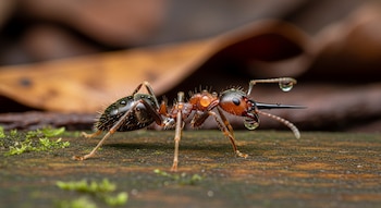 Primer plano macro de una hormiga asiática de aguijón con cuerpo oscuro y rojizo, cubierta de gotas de agua, posada sobre madera húmeda con musgo verde y hojas borrosas.