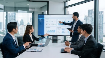 Cinco empresarios en una sala de reuniones moderna, un hombre de pie señalando una pantalla con gráficos de IA y una mujer usando un portátil con interfaz holográfica. Al fondo, una ciudad.