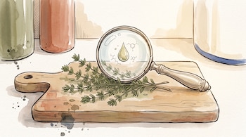 Ilustración de una rama de tomillo en una tabla de madera junto a una lupa que muestra una gota y diagramas moleculares.
