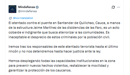 Mensaje del Ministerio de Defensa tras el atentado a un puente en Cauca - crédito @mindefensa/X